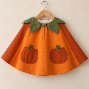 May include: An orange cape featuring a flared silhouette with two dark orange pumpkin-shaped pockets on the front. The neckline is adorned with green leaf-shaped collar accents. The garment is displayed on a wooden hanger against a neutral background.