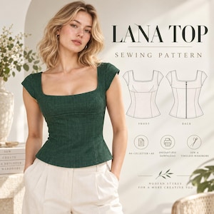 May include: A dark green square-neck top with cap sleeves and a fitted bodice. The image displays the Lana Top sewing pattern with front and back technical sketches, text indicating A4, US Letter, and A0 formats, and instant PDF download icons.