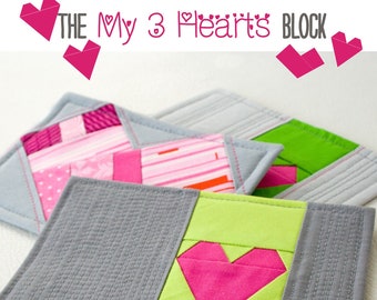 My Three Hearts Block- Paper Pieced Quilt Block Pattern, PDF, Instant Download, modern patchwork, pink red love Valentines