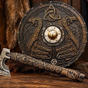Handmade Viking Shield and Axe Set, Norse Dragon Shield, Mjolnir Wall Decor