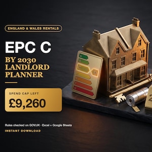 EPC C 2030 Hyresvärdsplanerare Storbritannien: Kostnadstakspårare för energiuppgraderingar, utgiftslogg och kalkylblad för uppgraderingsplaner för Excel och Google Sheets bild 1
