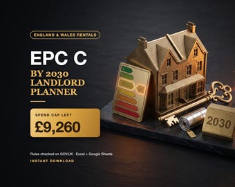 EPC C 2030 Landlord Planner UK: Energy Upgrade Cost Cap Tracker, Spend Log and Upgrade Plan Spreadsheet for Excel and Google Sheets