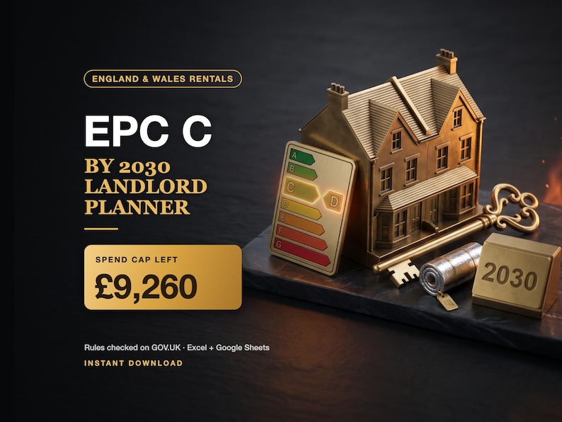 EPC C 2030 Hyresvärdsplanerare Storbritannien: Kostnadstakspårare för energiuppgraderingar, utgiftslogg och kalkylblad för uppgraderingsplaner för Excel och Google Sheets bild 1