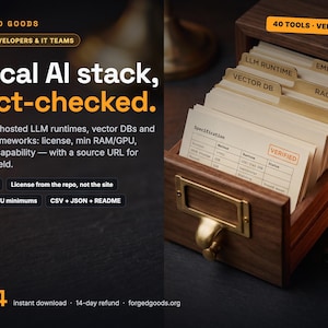 May include: A dark wood card catalogue drawer filled with index cards labelled LLM Runtime, Vector DB, Embeddings, and RAG. The text reads Local AI stack, fact-checked, 40 tools, and 40 tools verified. A brass handle is attached to the front of the drawer.