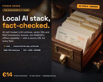 Lokal AI-stackkatalog | 40 självhostade LLM- och vektordatabasverktyg, verifierade specifikationer, licens, RAM, GPU, offline | CSV- och JSON-nedladdning