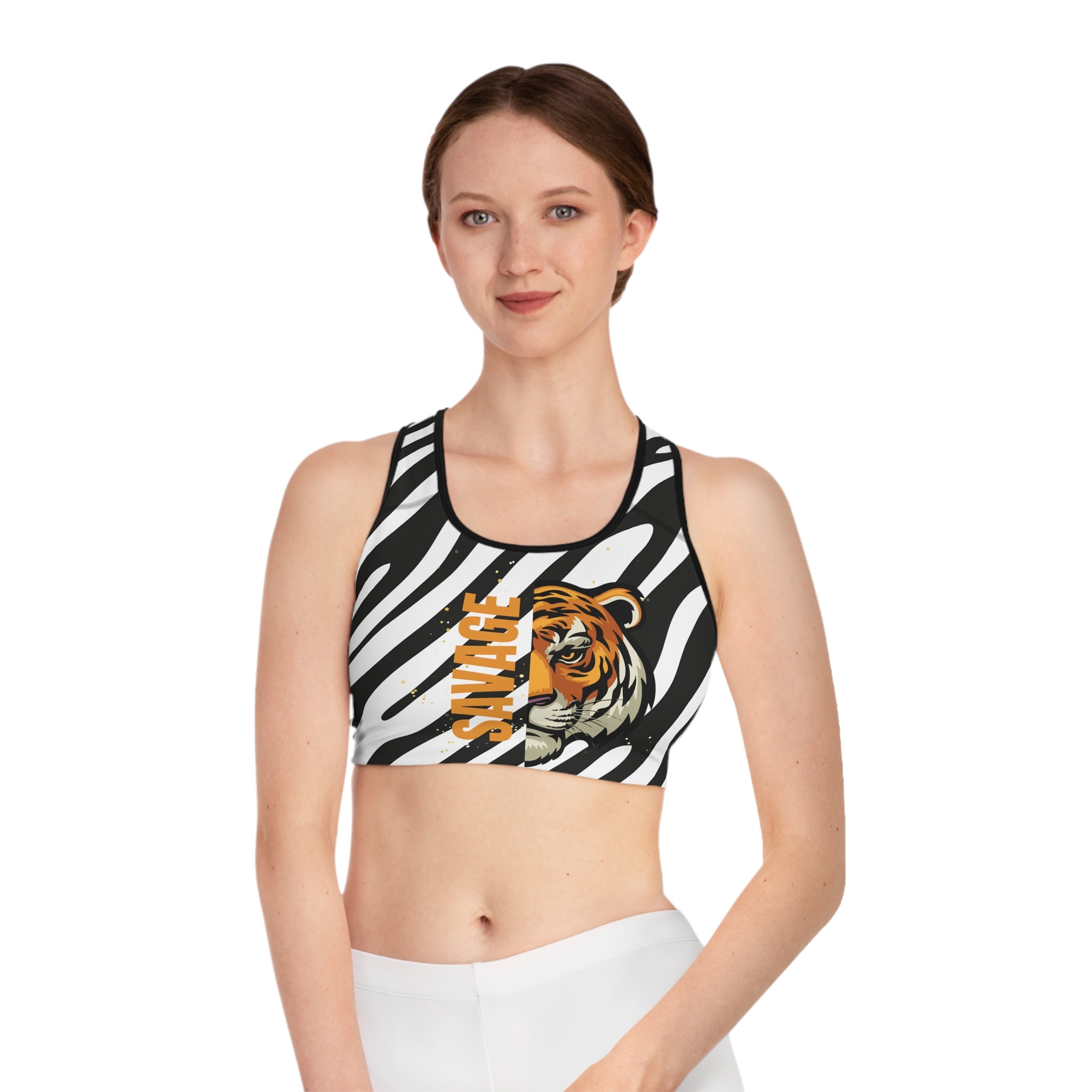 Brown Tiger Stripe Sports Bra, Women's Animal Print UnPadded Yoga Bra-Made  in USA/EU