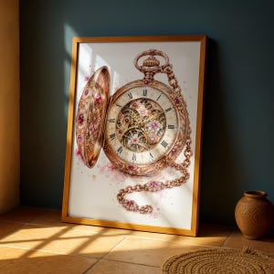 May include: A framed wall art print featuring a detailed illustration of an ornate rose gold pocket watch with an open cover. The watch face displays Roman numerals and intricate internal gears, accented with sparkling pink gemstones and a chain.