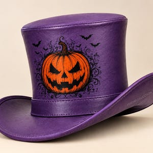 Purple Leather Top Hat, Jack O Lantern Print Hat, Handmade Gothic Top Hat, Victorian Leather Hat, Halloween Cosplay Costume Hat