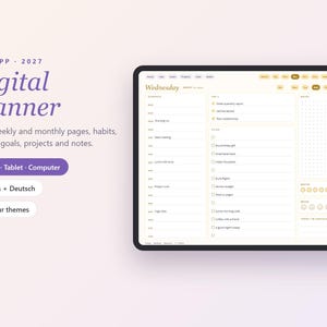 May include: A 2027 digital planner displayed on a tablet screen, featuring daily, weekly, and monthly pages. The interface includes sections for schedules, to-do lists, notes, habits, and mood tracking, with navigation tabs and seven colour themes.