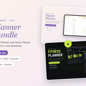 May include: A digital planner bundle featuring a 2027 web app planner and a fitness planner. The interface displays text including Web Apps 2027, Planner Bundle, Digital Planner, and Fitness Planner, with compatibility icons for phone, tablet, and computer.