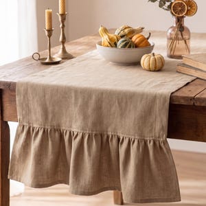 Camino de mesa de lino con volantes color marfil, camino de mesa de lino y algodón, decoración de mesa de comedor estilo rústico, camino de mesa de longitud personalizada, mantelería para bodas y fiestas.