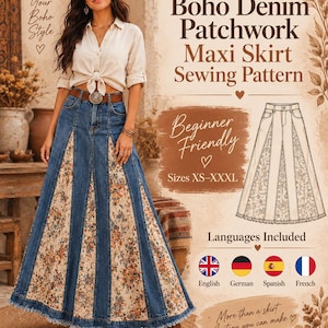 May include: A sewing pattern for a boho denim patchwork maxi skirt featuring text that reads Boho Denim Patchwork Maxi Skirt Sewing Pattern, Beginner Friendly, Sizes XS-XXXL, and Languages Included. The design includes a line drawing of the skirt.