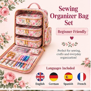 May include: A pink floral sewing organizer bag set featuring three removable quilted storage cases with gold zippers, a top handle, and an open front panel containing slots for scissors, needles, and various colorful sewing tools and accessories.