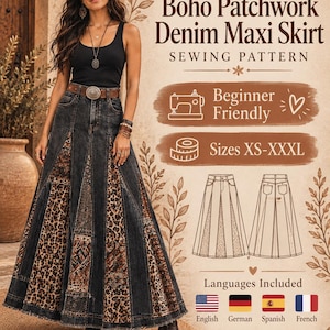 Può includere: Un cartamodello per una gonna lunga in denim patchwork con pannelli in denim scuro, stampa leopardata e motivi geometrici. Il testo recita Boho Patchwork Denim Maxi Skirt, Sewing Pattern, Beginner Friendly, Sizes XS-XXXL.