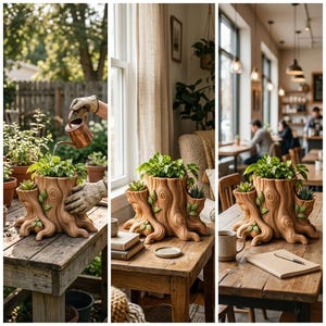 May include: A brown ceramic planter shaped like a tree stump with textured bark details and small sculpted leaves. The planter features a large central opening and two smaller side openings, each containing green succulent plants.