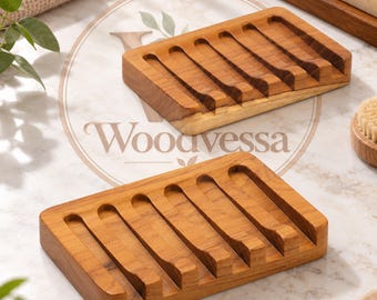 Set of 2 Teak Wood Soap Dishes, Self Draining Soap Holder, Wooden Soap Saver Tray, Bathroom Shower Soap Dish, Kitchen Sink Organizer