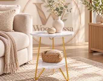 Faux Marble End Table, 2 Tier Round Side Table, White Gold Accent Table, Modern Sofa Table, Small Space Nightstand with Storage