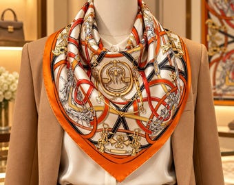 May include: A square silk scarf featuring a vibrant orange border and a complex pattern of gold, black, and white equestrian-inspired motifs, including chains, buckles, and harness elements, draped over a white collared shirt and a tan blazer.