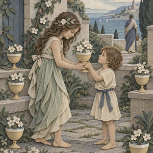 Könnte beinhalten: Eine Scherenschnitt-Illustration mit dem Titel Six of Cups, die zwei Figuren in hellen Tuniken zeigt, die einen mit weißen Blumen gefüllten Kelch austauschen. Die Szene umfasst Steinstufen, Topfpflanzen mit weißen Blüten und eine Küstenlandschaft.