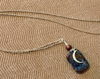 Sterling Silver Crescent Moon Necklace, Blue Jasper  Gemstone Pendant, One of a Kind Gift for Her, Long Silver Necklace, Bohemian Jewelry