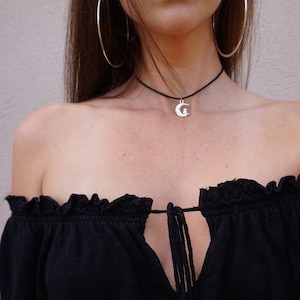 Black Cord Choker, Crescent Moon Cat Charm, Vegan Jewelry