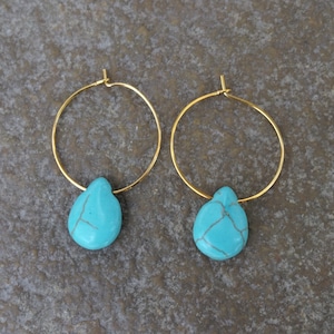 Gold Plated Hoops with Howlite Turquoise Teardrop Bead, Small Gold Hoop Earrings, Small Gold Hoops, Affordable Gift for Her image 4