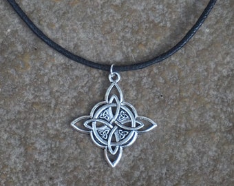 Celtic Knot Choker, Silver Plated Charm, Black Cord Necklace