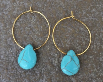 Gold Plated Hoops with Howlite Turquoise Teardrop Bead,  Small Gold Hoop Earrings, Small Gold Hoops, Affordable Gift for Her