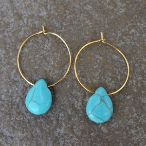 Gold Plated Hoops with Howlite Turquoise Teardrop Bead, Small Gold Hoop Earrings, Small Gold Hoops, Affordable Gift for Her image 1