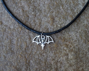 Black Cord Choker, Silver Plated Bat Charm, Halloween Gothic Necklace