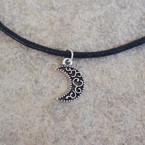 Crescent Moon Choker Necklace, Black Vegan Cord, Silver Charm