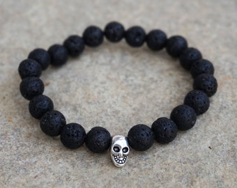 Lava Rock Bracelet, Men's Skull Bracelet, Black Beaded Bracelet for Men with Silver Skull Bead, Unisex Stretch Bracelet, Gift for Him