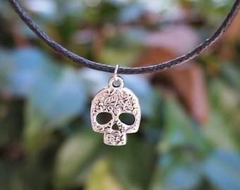 Sugar Skull Choker, Black Cotton Cord, Calavera Pendant