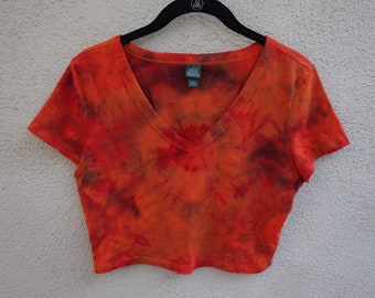 Cropped Orange Vneck Tie Dye Tshirt, One of a Kind, Bohemian Clothing, Gift for Her // Medium