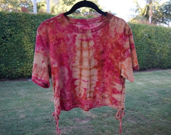 Burnt Orange Cotton Tie Dye Cropped Tshirt with Side Ties and Crew Neck, One of a Kind, Bohemian Clothing, Gift for Her // Small