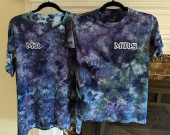 Mr and Mrs Ice Tie Dye T Shirts,  Matching Blue, Purple, Green, and White Cotton Tees, Unique Wedding Gift for Couple, One of a Kind // XL+S