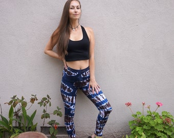 Women's High Waisted Tie Dye Leggings, Blue, White and Brown, Hippie Clothing, Yoga Clothing, One of a Kind Lounge Wear // Large