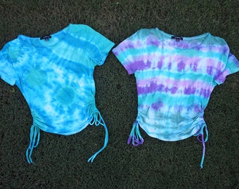 Tie Dye Cropped Crewneck Tshirt with Side Ties, Blue and Pink Boho Clothing, One of a Kind // Medium