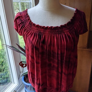 Tie Dye Women&#39;s Top, Red and Purple Rayon Blouse, Loose Fit Tie Dye Blouse with Ruched Neckline and Short Gathered Sleeves, Large Petite