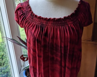 Tie Dye Women's Top, Red and Purple Rayon Blouse, Loose Fit Tie Dye Blouse with Ruched Neckline and Short Gathered Sleeves, Large Petite