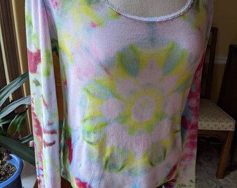 Long Sleeve Tie Dye Rib Knit Cotton Tee, Multicolor Ice Dye Round Neck T-Shirt, One of a Kind Boho Clothing, Gift for Her, Bohemian // Large