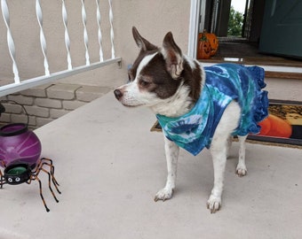 Tie Dye Sleeveless Dog "Dress" in Blue, Green and White Cotton with Ruffled Hem, Size S (9-12 lbs)