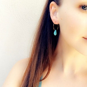 Gold Plated Hoops with Howlite Turquoise Teardrop Bead, Small Gold Hoop Earrings, Small Gold Hoops, Affordable Gift for Her image 2