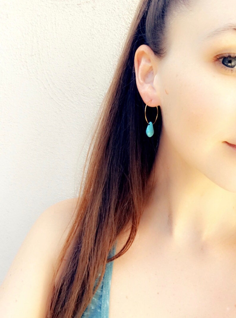 Gold Plated Hoops with Howlite Turquoise Teardrop Bead, Small Gold Hoop Earrings, Small Gold Hoops, Affordable Gift for Her image 2