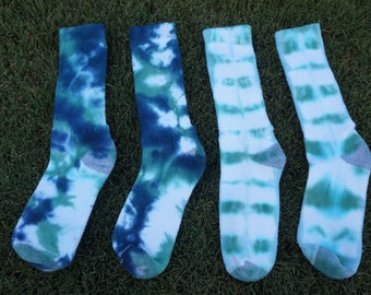 Blue Green Tie Dye Socks, One of a Kind Gift, Cotton Hand Dyed Sock Set, Gift for Her