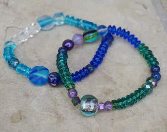 SALE Blue Stretch Bracelet Set, Blue Beaded Bracelet Set, Glass Layering Bracelets, Bohemian Jewelry, Blue Boho Bracelet Set