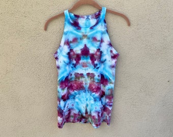 Women's Tie Dye Tank Top, Light Blue Fitted Tank Top Multicolor Hand Dyed Women's Clothing, Bohemian Hippie, One of a Kind Gift for Her / M