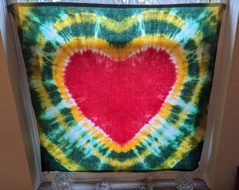 Handmade Tie Dye Heart Hanging or Large Festive Kitchen Dish Towel, One of a Kind Gift, Unique Art, Heart for Valentine's Day or Christmas