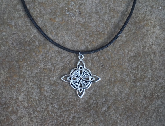 Celtic Knot Choker, Silver Plated Charm, Black Cord Necklace
