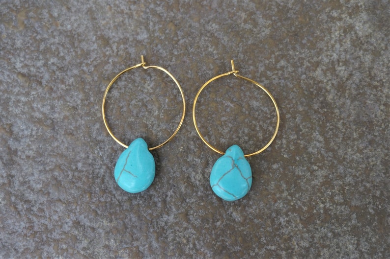 Gold Plated Hoops with Howlite Turquoise Teardrop Bead, Small Gold Hoop Earrings, Small Gold Hoops, Affordable Gift for Her image 4